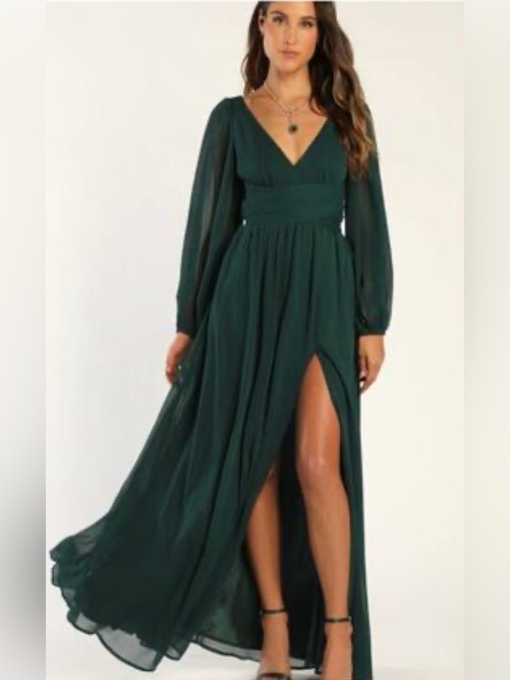 Lulu’s | New Adoring You hunter green maxi dress Womens size L evening sheer nwt